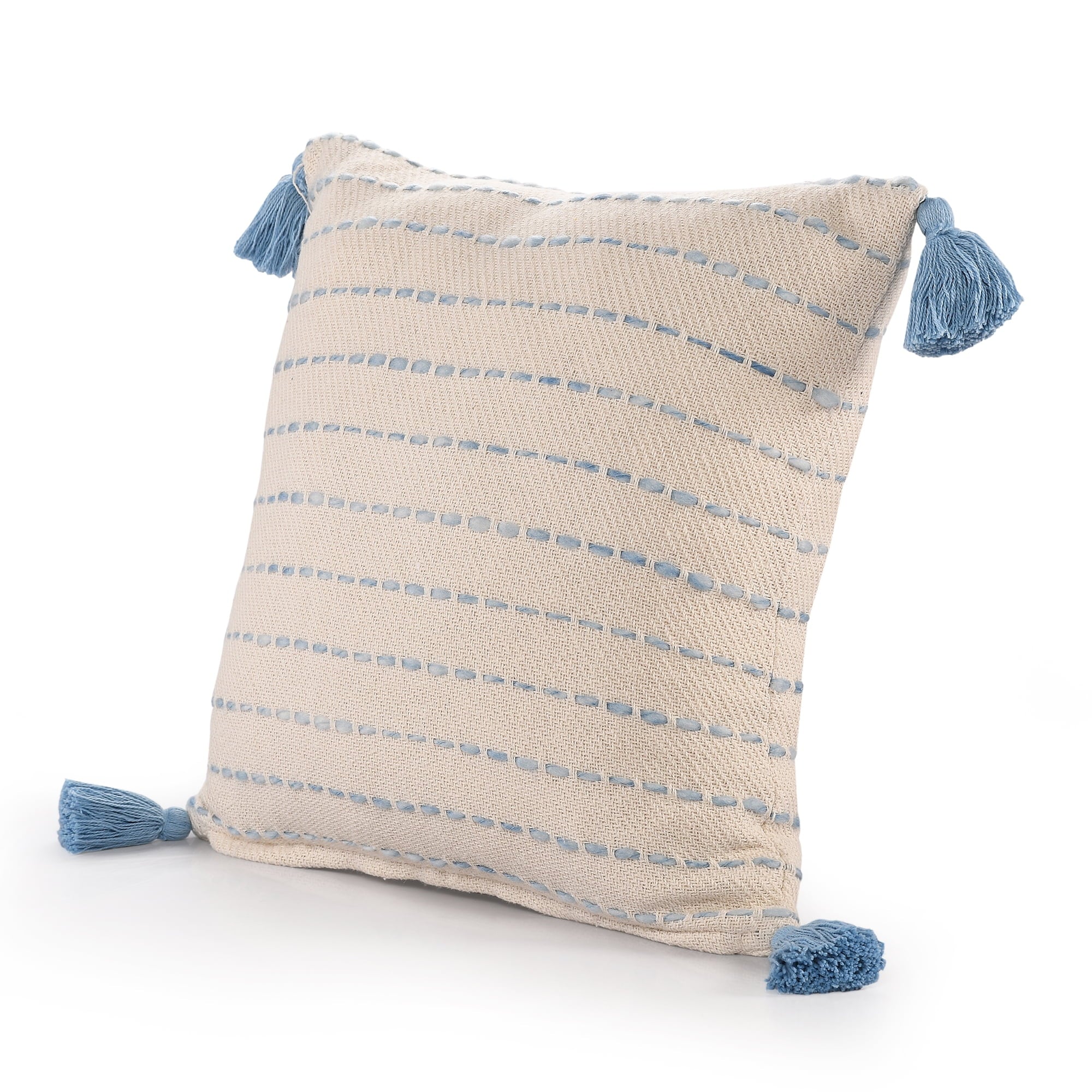 Ox Bay Top Variegated Stripe Cotton Blend Handmade Throw Pillow with Tassels, 20" x 20"
