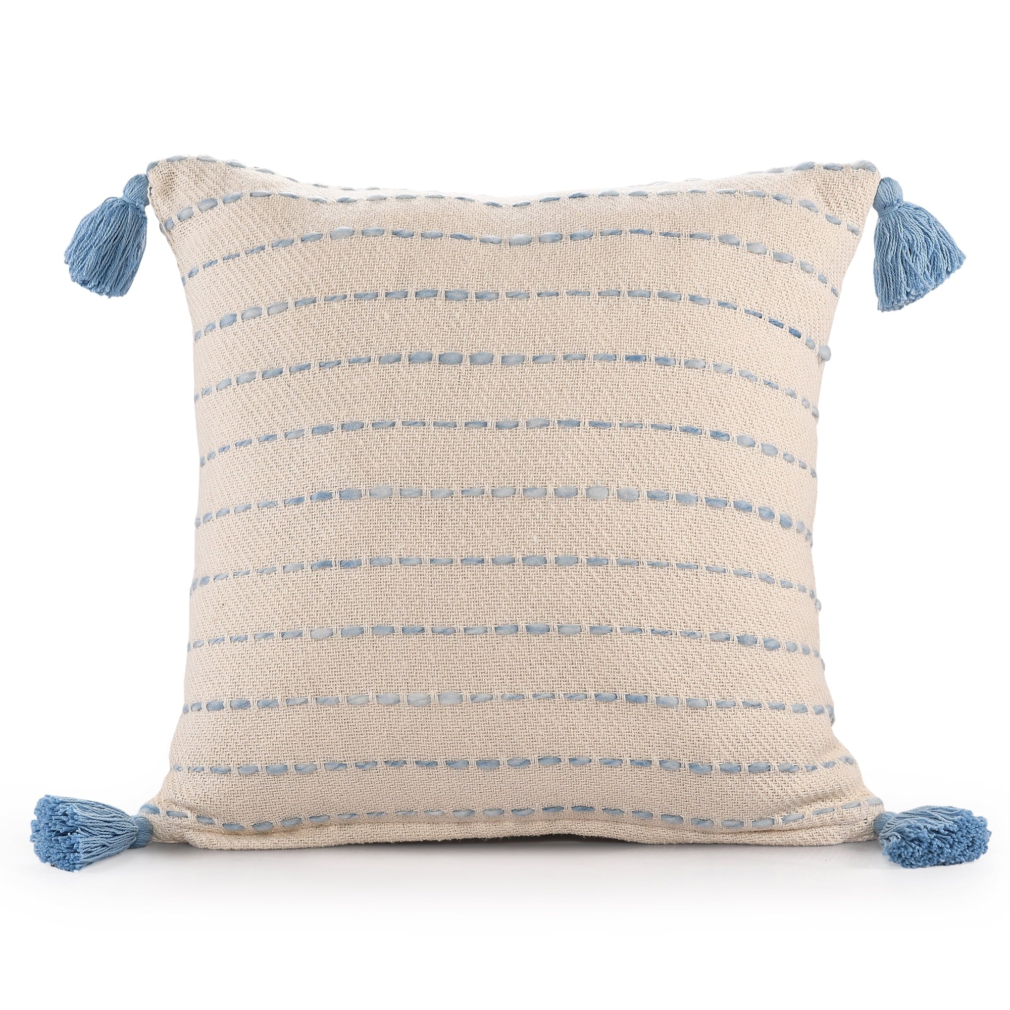 Ox Bay Top Variegated Stripe Cotton Blend Handmade Throw Pillow with Tassels, 20" x 20"