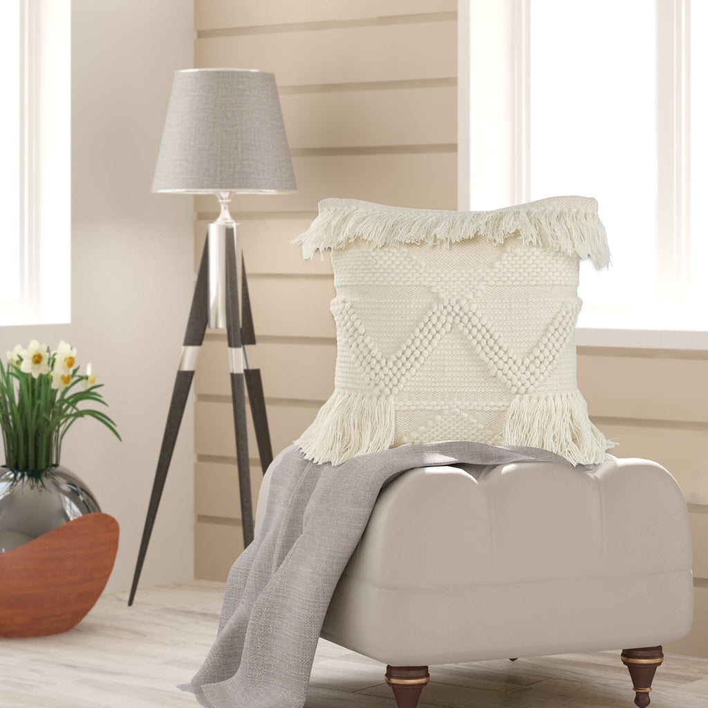 LR Home Xavia 20" x 20" Ivory Textured Fringe Cotton Blend Decorative Throw Pillow