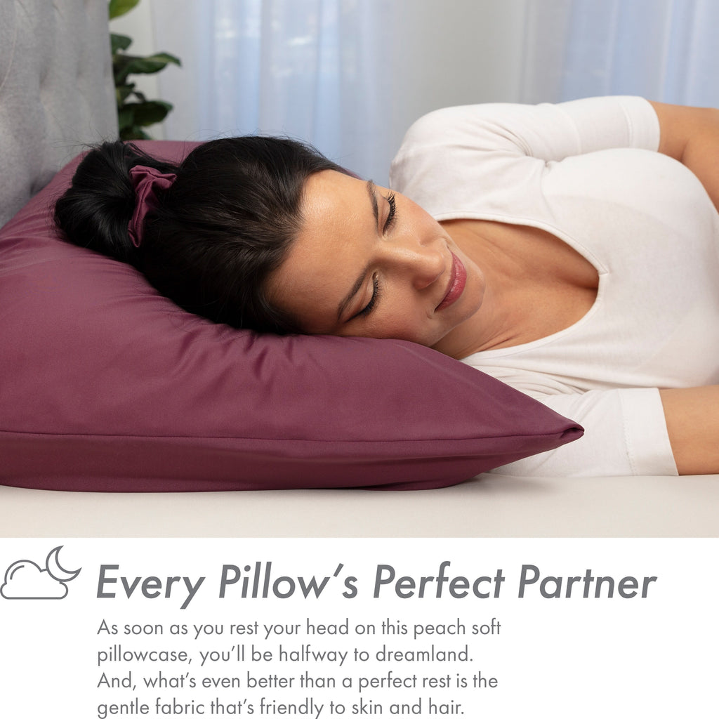 Ultra Silk Like Beauty Pillow Cover - Blend of 85% Nylon and 15% Spandex Means This Cover Is Designed to Keep Hair Tangle Free and Helps Skin - Bonus Matching Hair Scrunchie, Burgundy, King