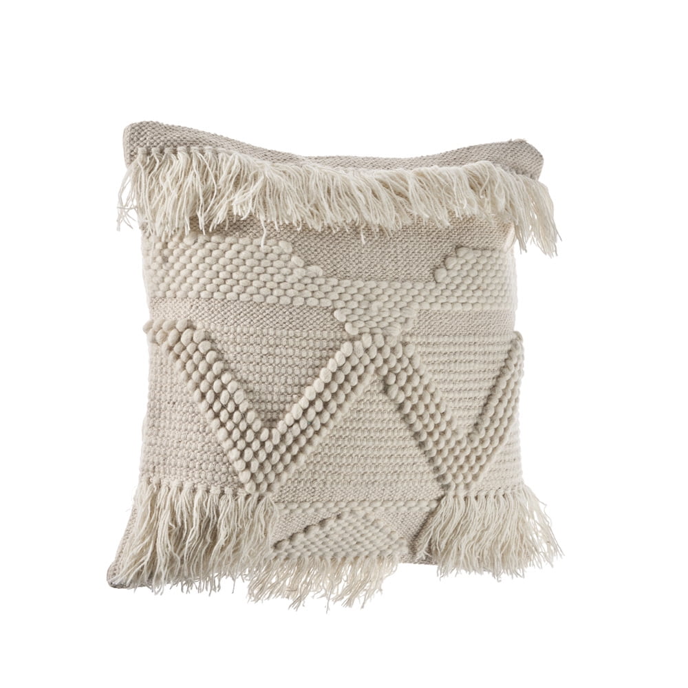 LR Home Xavia 20" x 20" Ivory Textured Fringe Cotton Blend Decorative Throw Pillow