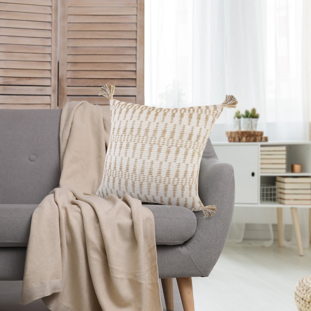 Ox Bay Sadie 20" x 20" Beige/White Geometric Cotton and Jute Adult Decorative Throw Pillow