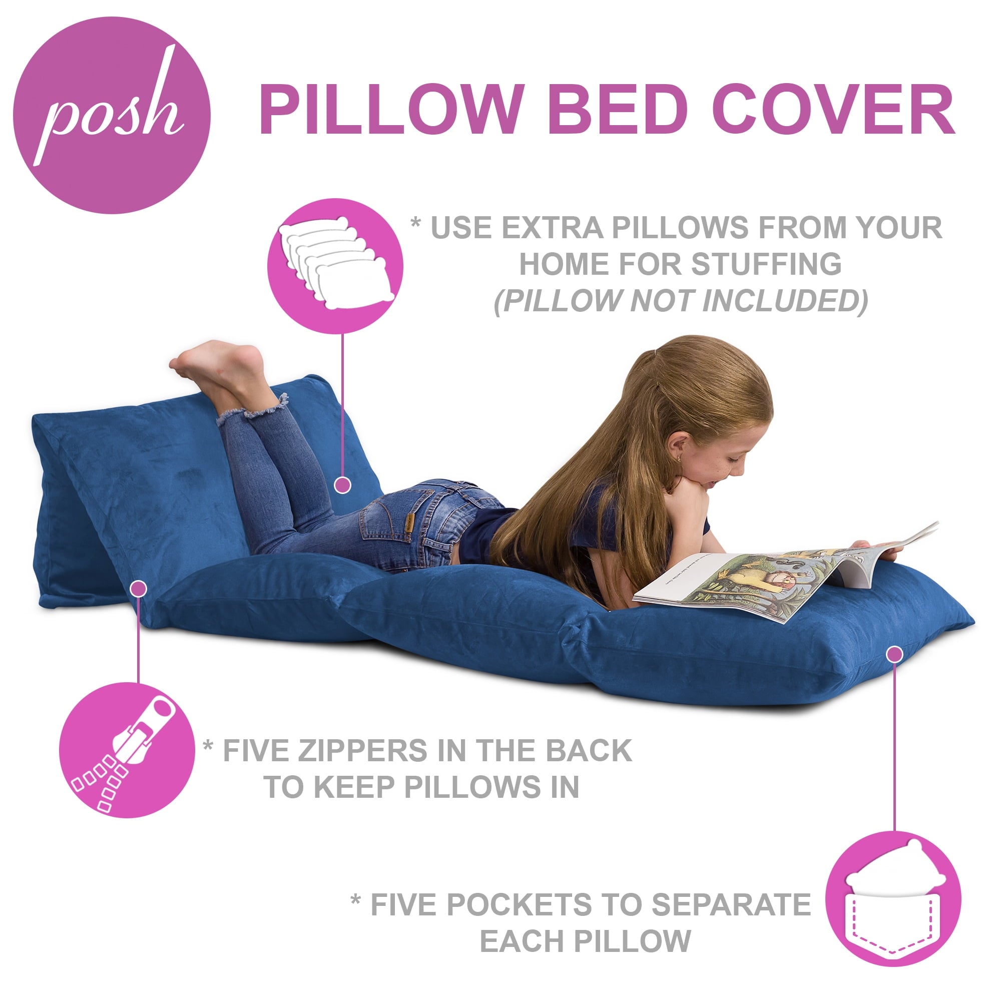 Posh Creations Floor Pillow Cover, Premium Cushion and Lounger for Pillows (Pillows Not Included), Kids, 7.3 ft, Blue
