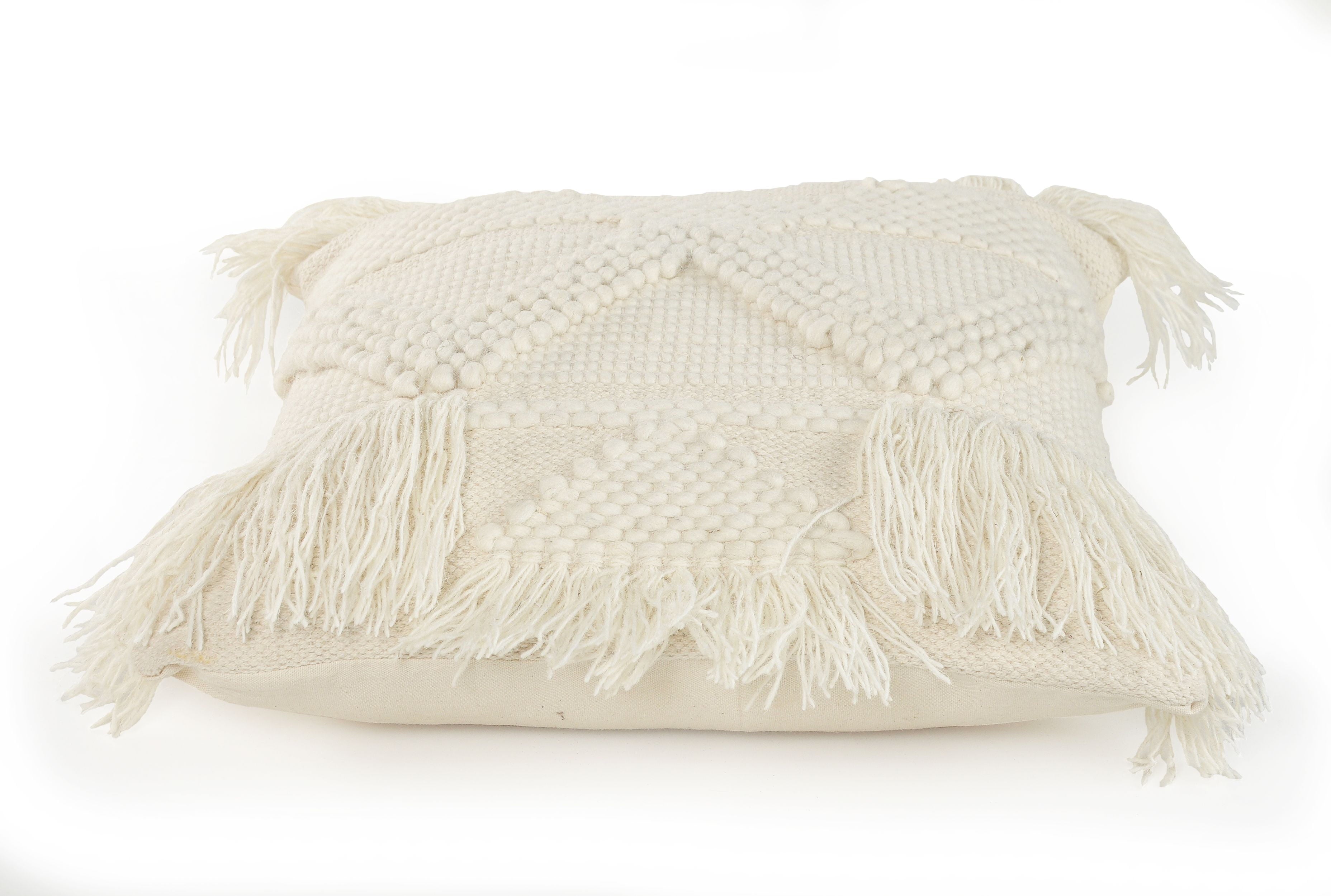 LR Home Xavia 20" x 20" Ivory Textured Fringe Cotton Blend Decorative Throw Pillow