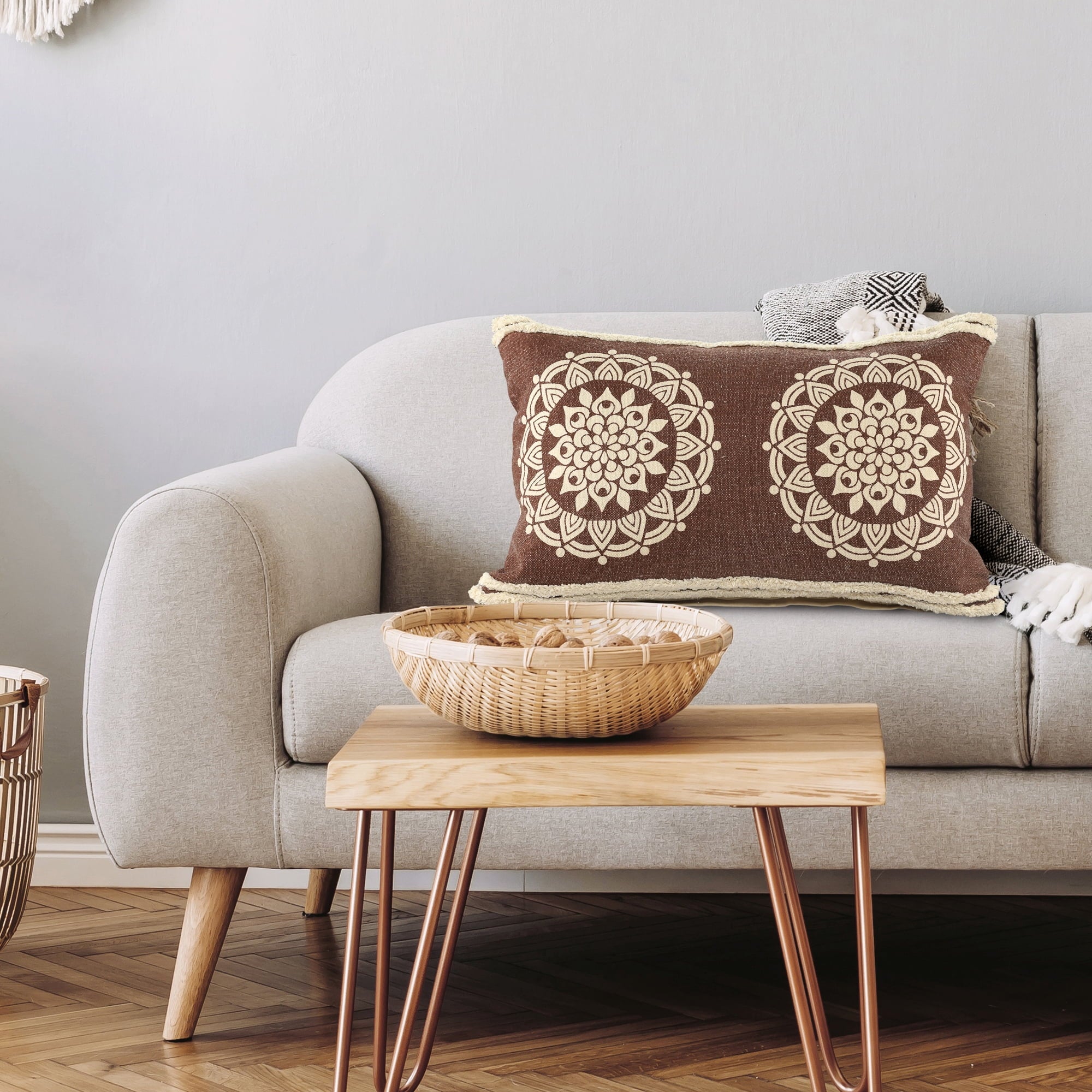 Ox Bay Felix Casual Bohemian Cotton Lumbar Pillow, Hickory Brown/White, 16" x 24"