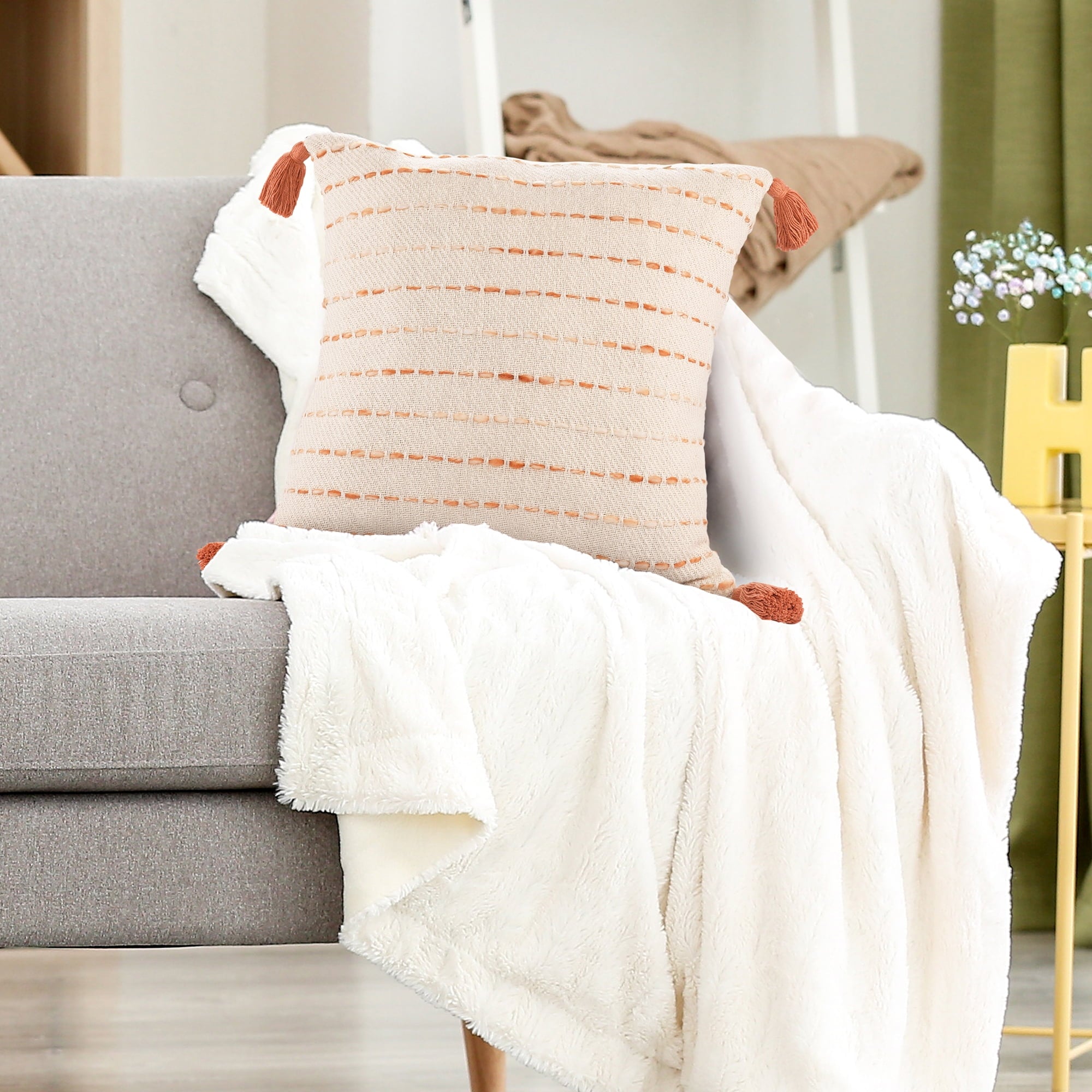 Ox Bay Top Variegated Stripe Cotton Blend Handmade Throw Pillow with Tassels, 20" x 20"