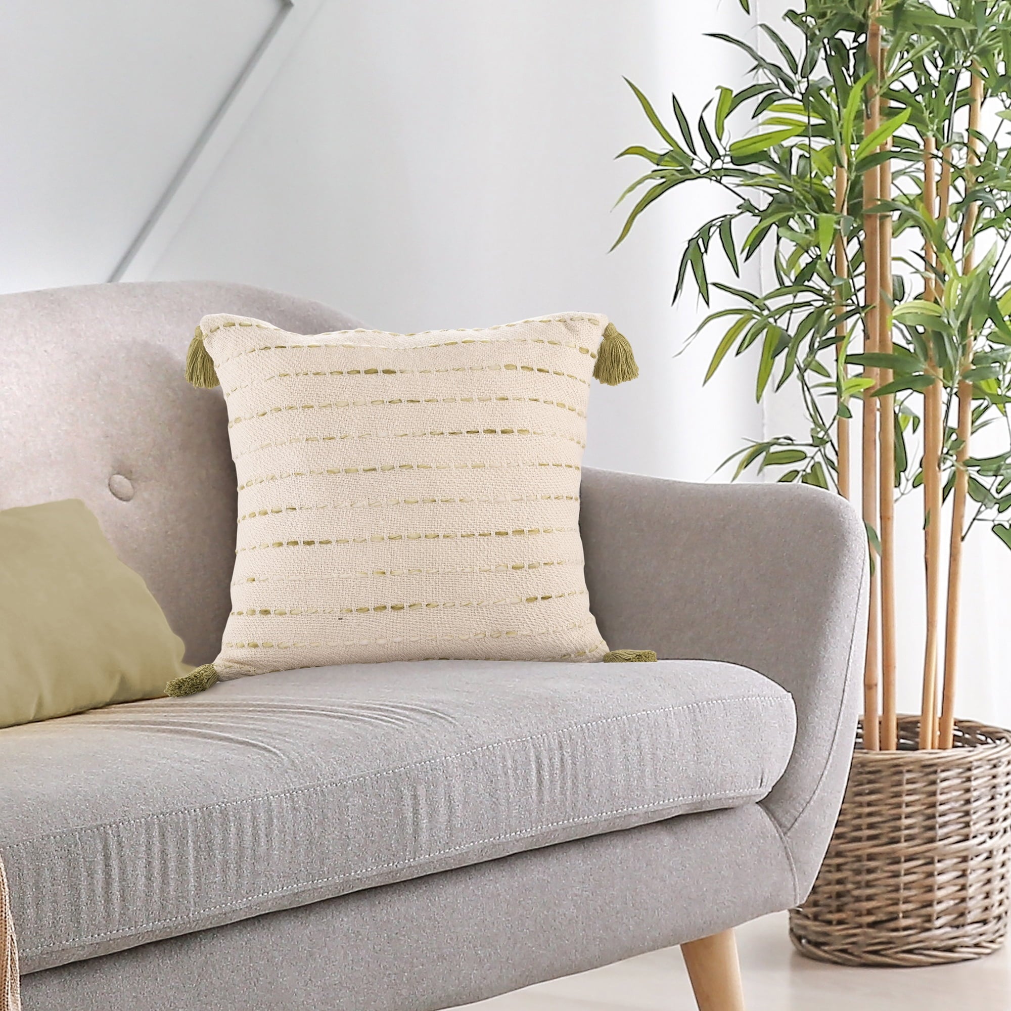 Ox Bay Top Variegated Stripe Cotton Blend Handmade Throw Pillow with Tassels, 20" x 20"