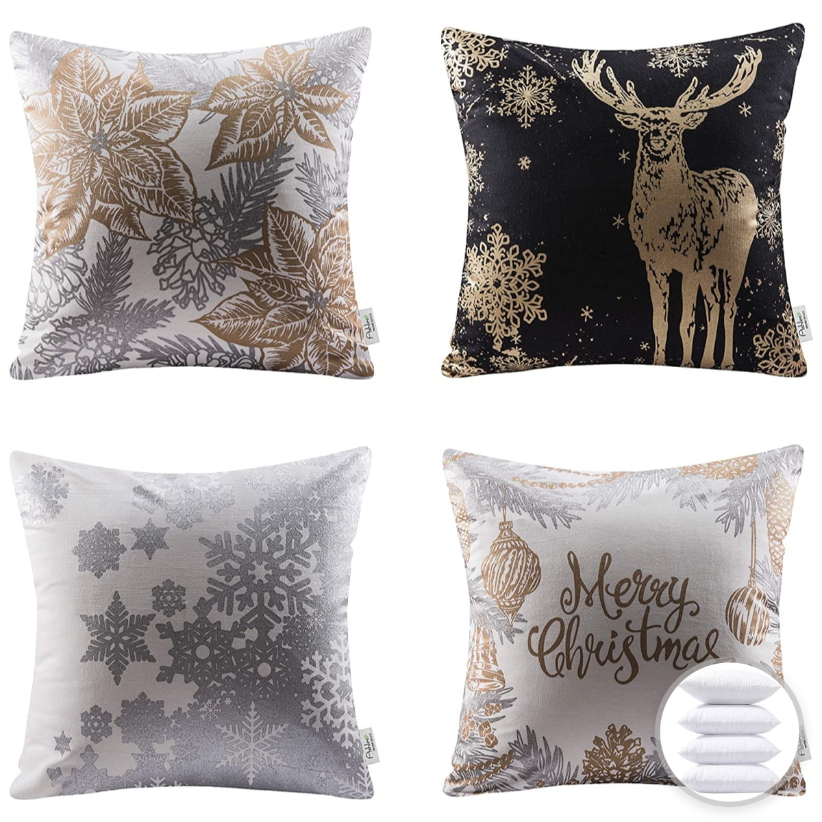 Phantoscope 18” x 18” Reindeer Snowflake Christmas Polyester Throw Pillows (4 Count)