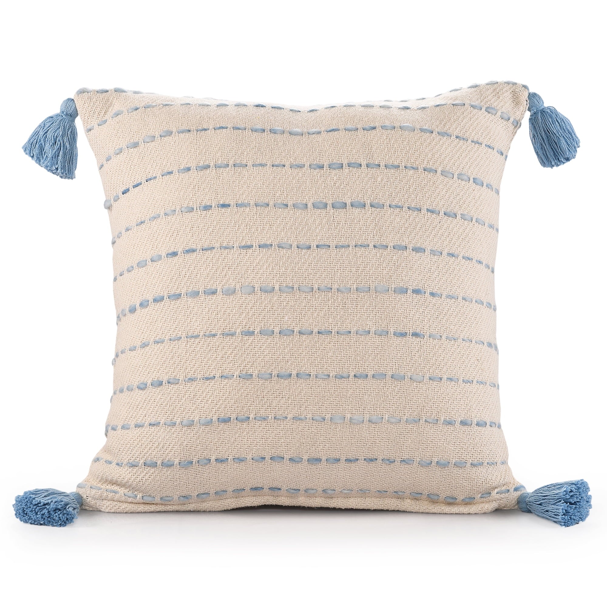 Ox Bay Top Variegated Stripe Cotton Blend Handmade Throw Pillow with Tassels, 20" x 20"