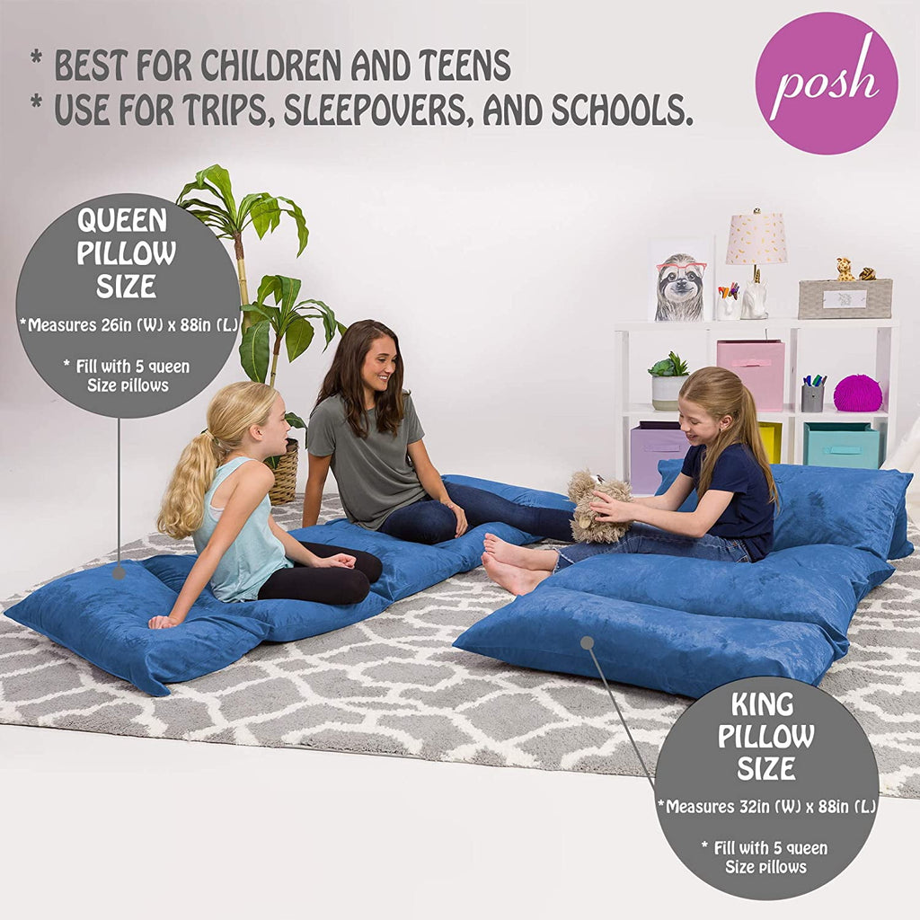 Posh Creations Floor Pillow Cover, Premium Cushion and Lounger for Pillows (Pillows Not Included), Kids, 7.3 ft, Blue